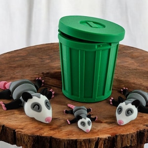 Articulated Possum Family with Trash Can, 3D Printed Opossum Figurines, Woodland Display Set
