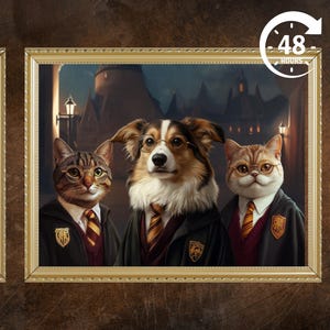 以下が含まれることがあります： ホグワーツのローブを着た犬と2匹の猫の絵。犬は丸い眼鏡と黄色のネクタイをしている。猫は丸い眼鏡と赤いネクタイをしている。絵は城を背景に描かれている。