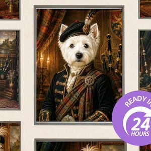 May include: A framed print featuring a West Highland White Terrier in a Scottish military uniform, complete with a beret, tartan sash, and a decorative brooch. The dog is posed in front of a backdrop with candles and bagpipes. The image is surrounded by other framed portraits.