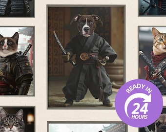 Custom Royal Dog Portrait: Funny Japanese Samurai Digital Art (Digital File)