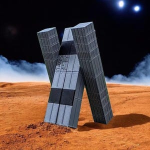 Puede incluir: Una figura robótica gris, rectangular y segmentada con la palabra TARS impresa en su superficie. El objeto se mantiene erguido sobre un terreno rojizo, polvoriento e irregular bajo un cielo oscuro con dos fuentes de luz visibles a lo lejos.