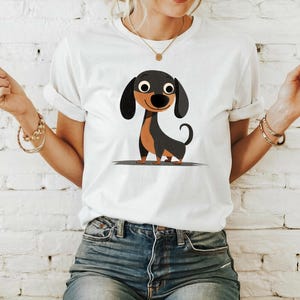 Dachshund Cartoon Tee, Dog Lover Gift, Cute Puppy T-shirt, Playful Pet Owner Shirt, Happy Dog Tee, Colorful Animal Graphic Top