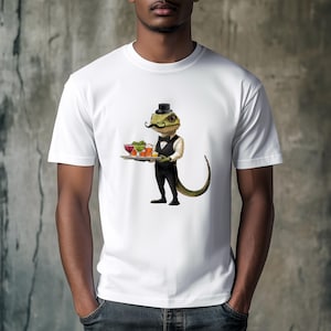 Dapper hagedis ober T-shirt, reptiel barman tee, snor hoge hoed grappig shirt, verfijnde dieren cocktailkleding, eigenzinnige mode
