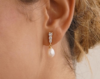 Real Freshwater Pearl Drop Earrings with Diamond, Wedding Earrings for Brides, Pearl Drop Earrings, Bridesmaid Gift, Christmas Gift for Her