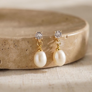 Freshwater Pearl Drop Earrings with Diamond, Pearl Dangle Earrings, Minimalist Wedding Earrings, Bridal Earrings, Bridesmaid Gift for Her