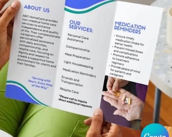 May include: A brochure for ABC HomeCare, a non-medical home care service. The brochure lists services like personal care, companionship, meal prep, and medication reminders. The brochure is held by a person wearing green pants.