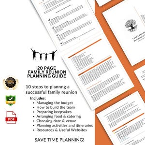 Może przedstawiać: 20-stronicowy przewodnik planowania zjazdu rodzinnego z logo drzewa, zawiera 10 kroków do udanego spotkania. Przewodnik obejmuje budżet, budowanie zespołu, pamiątki, catering, miejsce, działania i zasoby. Dokument PDF.