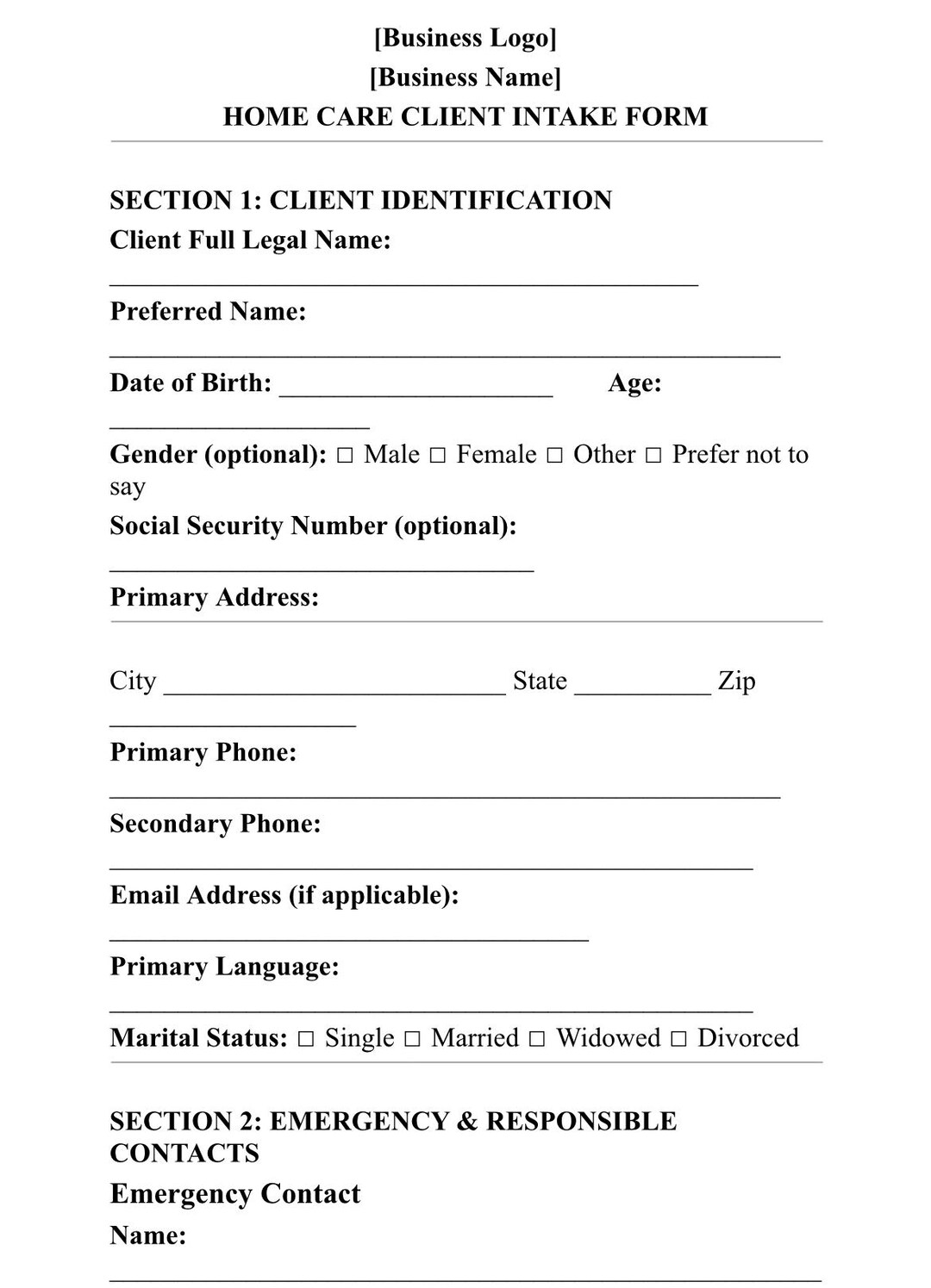 Client Intake Form, Home Care Paperwork, Caregiver, Nurse Assessment - Etsy