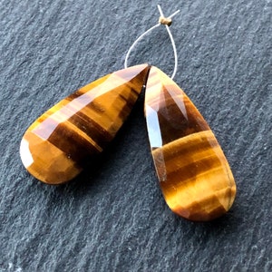 Faceted Elongated Tiger Eye Briolette Pair - 34mm