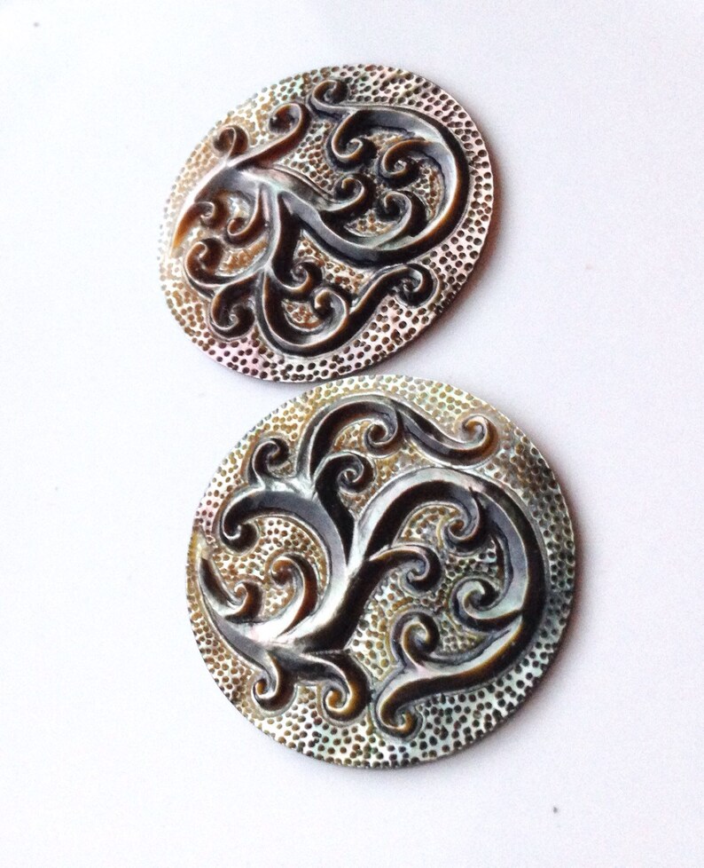 Ornate South Sea Carved Shell Briolette Pair
