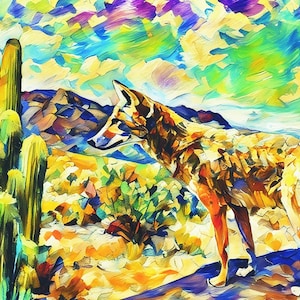 Impression d&#39;art observant le coyote - d&#39;après une peinture originale de Theresa Poalucci avec un passe-partout blanc
