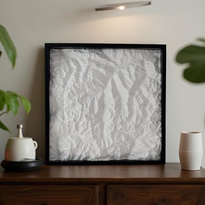 May include: A framed, textured white relief map with a black border. The artwork is displayed on a dark wooden surface, with a white ceramic vase and a small white ceramic container with a black base. Green plants are in the background.