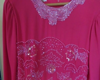 JACK BRYAN fuchsia pink bead pearl jewel evening holiday dress VICTORIAN Sequin fancy Easter
