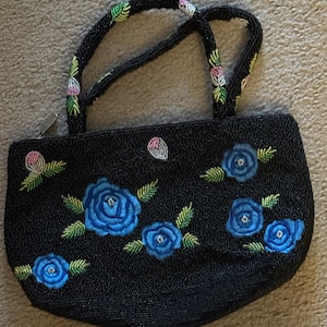 VINTAGE BEADED PURSE black with blue and pink floral pattern Prom