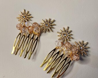 Peineta con cuentas color champán, accesorio nupcial con estrella dorada