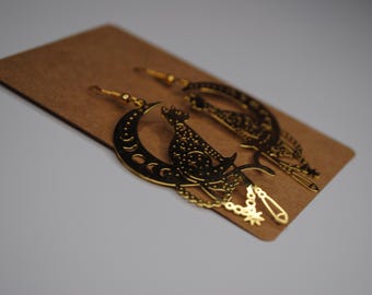 Gold Celestial Cat Moon Phase Earrings, Witchy Jewelry