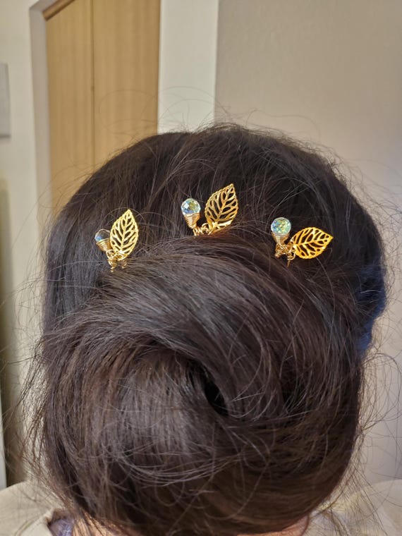 Gold Leaf Rhinestone Hair Pins - Set of 3 Wedding  display picture 1