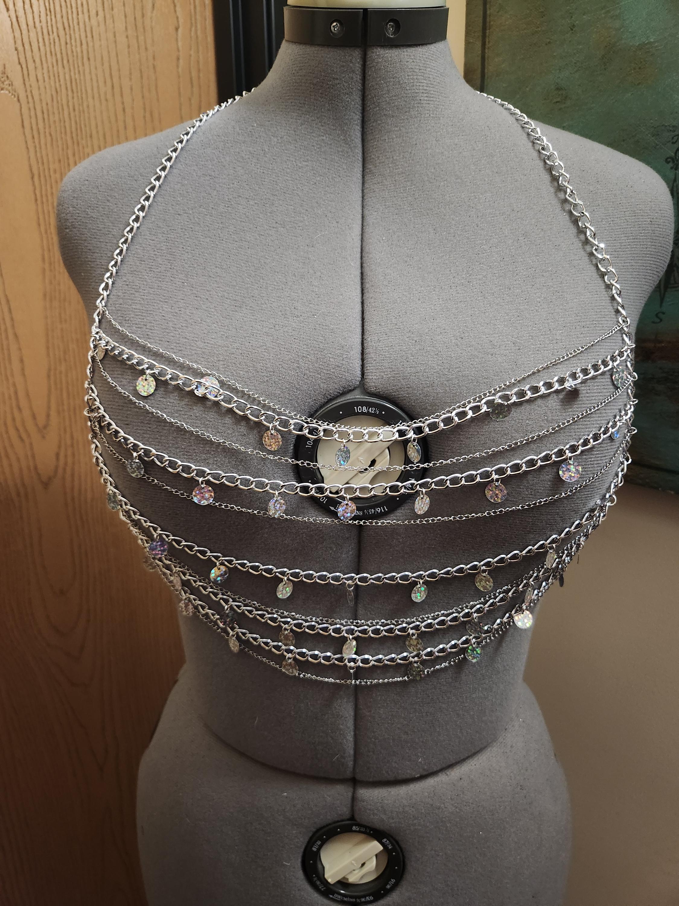 White belt strap harness silver chain body chest waistbelt festival rave bondage Rave Body Chains - Etsy main image 3