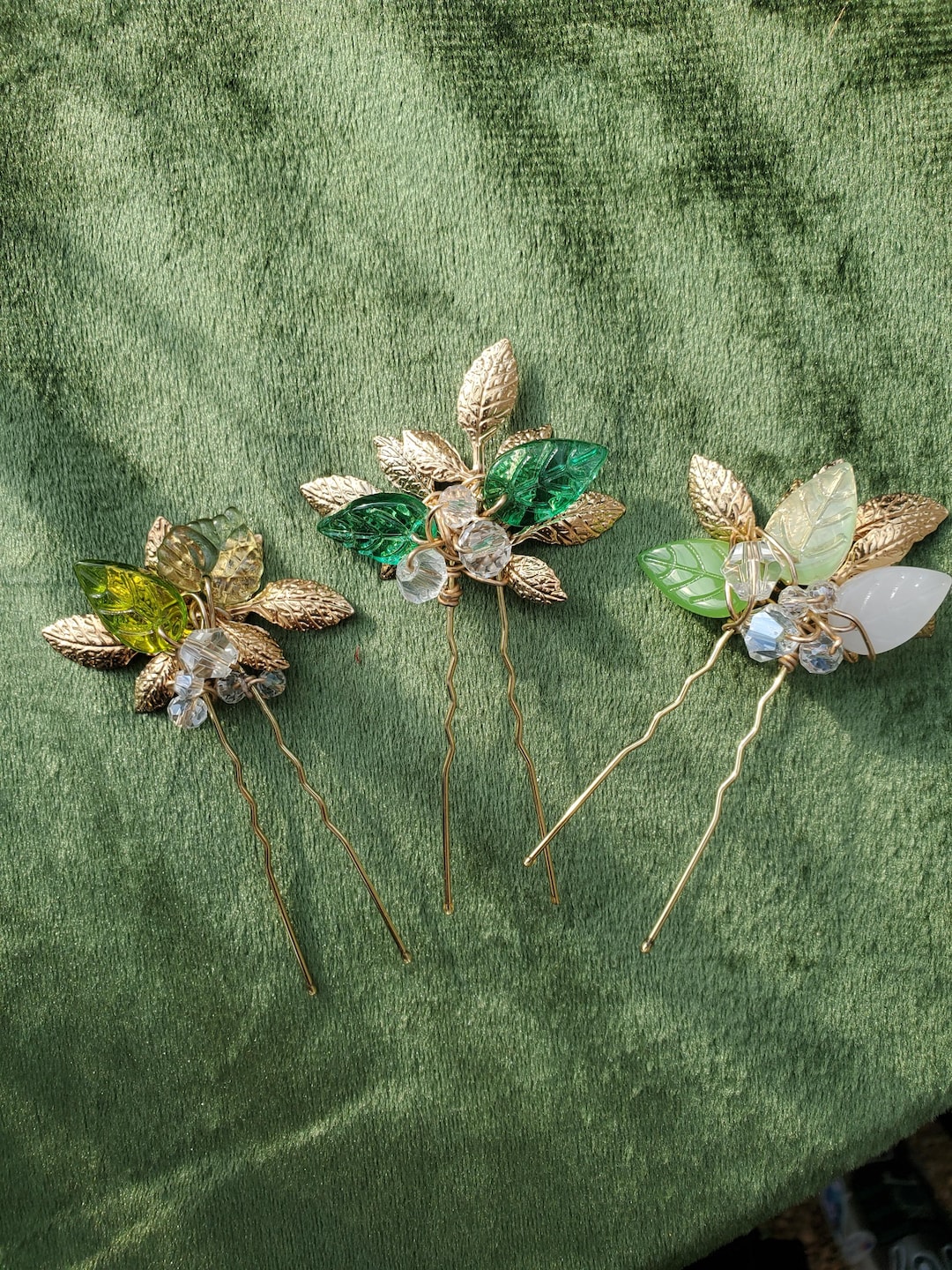 Gold Leaf Hair Pins, Green Crystal Bridal Hair Accessory  display picture 1
