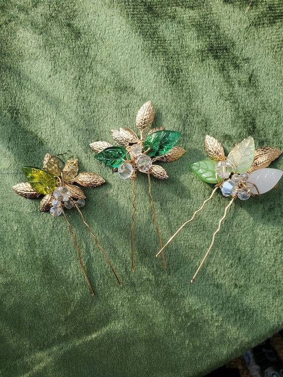 Gold and Green Decorative Hair Clip Bohe Green Rhinestones Wedding Hairpins Gold Leaves Bridal  main image 2