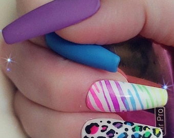 Rainbow Leopard & Zebra Press On Nails - Lisa Frank Inspired