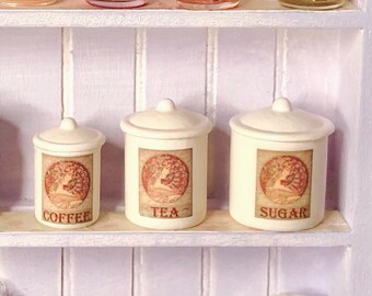 Dollhouse Miniature Vintage Jars Hand Painted in the UK with Coffee Tea Sugar Labels