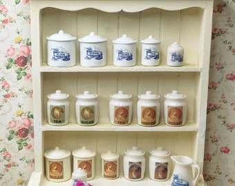 Dollhouse Miniature Food Storage Canisters Hand Painted in the UK with Coffee Tea Sugar Labels