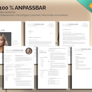 Puede incluir: Una plantilla de currículum en blanco y negro con el texto "100% ANPASSBAR" en la parte superior. El texto "Alles änderbar: Umbenennen | Hinzufügen | Löschen | Abschnitte verschieben" está debajo del encabezado. La plantilla incluye secciones para "QUALIFIKATIONEN", "EMPLOYMENT HISTORY", "FÄHIGKEITEN", "SPRACHEN", "HOBBIES", "REFERENZEN WERDEN GERNE AUF ANFRAGE ZUGESTELLT", "AUSLANDSERFAHRUNGEN", "ANSPRECHPARTNER", and "WEITERE BILDUNGEN".