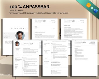 May include: A customizable resume template with the text "100% ANPASSBAR" and "Alles änderbar: Umbenennen | Hinzufügen | Löschen | Abschnitte verschieben" in German. The template is designed for a person named "ELEANORA JOY".