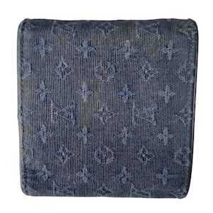May include: A dark blue wallet with a repeating pattern of small white stars and letters.
