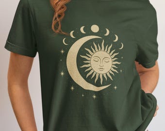 Camiseta unisex bohemia con colores cómodos y fases lunares celestiales