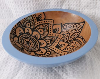 Handpainted 12" Wood Bowl - Blue Mandala
