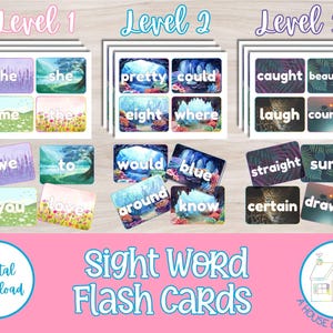 May include: A collection of sight word flash cards, organized into three levels. Each card features a word against a colorful background. The image includes the text "Sight Word Flash Cards" and "Digital Download."