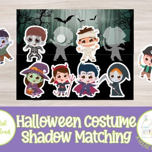 Könnte beinhalten: Ein druckbares Halloween-Kostüm-Schatten-Zuordnungs-Spiel. Das Spiel zeigt 10 farbenfrohe Illustrationen von Kindern, die in verschiedenen Halloween-Kostümen gekleidet sind, darunter ein Vampir, eine Hexe, ein Pirat, eine Mumie und ein Geist. Das Spiel soll Kindern helfen, verschiedene Halloween-Kostüme kennenzulernen und ihre Zuordnungsfähigkeiten zu üben.