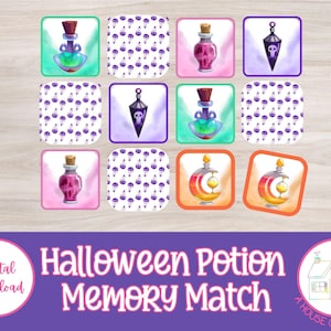 May include: A set of 12 printable Halloween potion memory match cards. The cards feature various potion bottles with different colored liquids and designs, including skulls, moons, and stars. The cards are perfect for a fun and festive Halloween game.