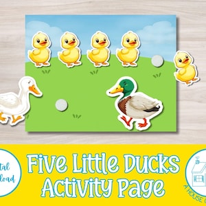 May include: A printable activity page featuring a yellow duck with the text "Five Little Ducks Activity Page". The page includes a counting activity with five yellow ducks and a green duck.
