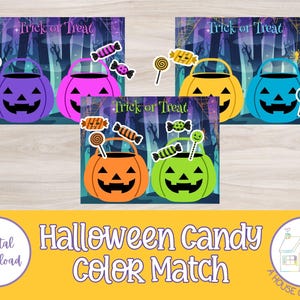 May include: Printable Halloween candy color matching game. Four pumpkin buckets with different colors: purple, pink, yellow, and blue. Each bucket has candy in front of it. The text "Trick or Treat" is at the top of each card.