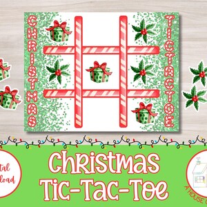 Op de afbeelding: Een printbaar kerst-Tic-Tac-Toe-spel met een groen en rood snoepstokontwerp. Het speelbord heeft de woorden "Kerstmis" en "Tic-Tac-Toe" erop geschreven. Er zijn negen vakjes op het bord waar spelers hun markeringen kunnen plaatsen. Het spel bevat negen kleine afbeeldingen van kerstcadeaus om te gebruiken als markeringen.