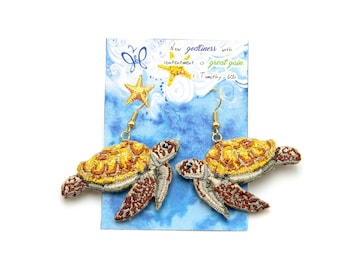 Sea turtle embroidered earrings in 14k gold fill. Sea turtle, Earrings, Earring, turtle, summer, sea, beach, Gift for bridesmaids, gifts,