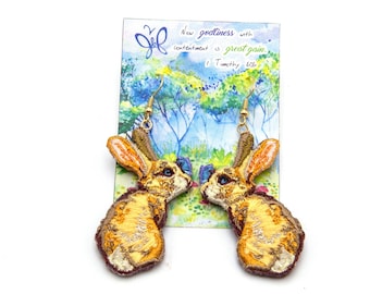 Rabbit with butterfly embroidered earrings in 14k gold fill. wearable art, Original, rabbit, bunny, butterfly, Earrings, Earring, Embroidery