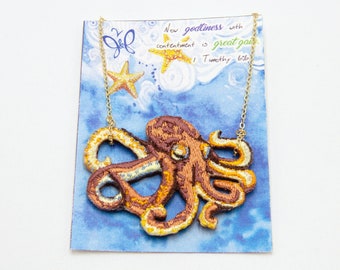 Octopus embroidered necklace in 14k gold fill. octopus, jewelry, necklace, pendant, ocean, creatures, summer, sea, beach, Wearable Art, gift