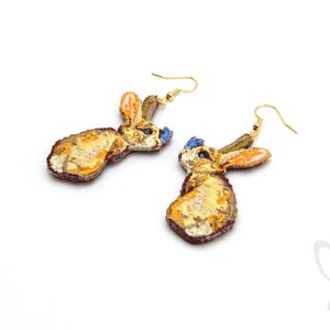 Rabbit with butterfly embroidered earrings in 14k gold fill. wearable art, Original, rabbit, bunny, butterfly, Earrings, Earring, Embroidery image 4