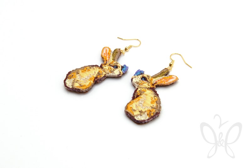 Rabbit with butterfly embroidered earrings in 14k gold fill. wearable art, Original, rabbit, bunny, butterfly, Earrings, Earring, Embroidery image 4