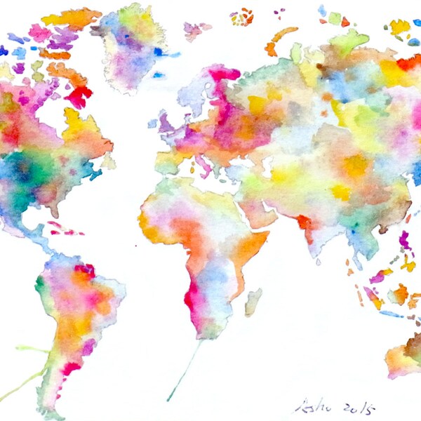 ooak- Original World Map Art - Colorful Watercolor Painting -5 x 7
