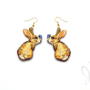 Rabbit with butterfly embroidered earrings in 14k gold fill. wearable art, Original, rabbit, bunny, butterfly, Earrings, Earring, Embroidery image 3