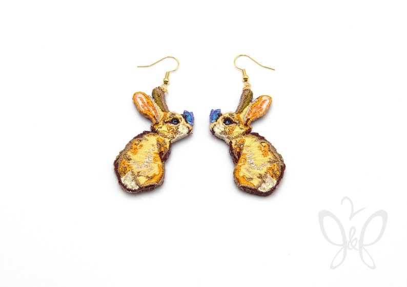 Rabbit with butterfly embroidered earrings in 14k gold fill. wearable art, Original, rabbit, bunny, butterfly, Earrings, Earring, Embroidery image 3