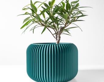May include: A teal green planter with vertical ridges, featuring a green leafy plant.