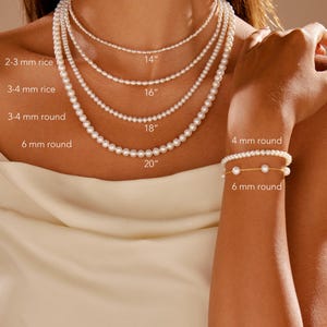 May include: A selection of pearl necklaces and a bracelet. The necklaces are of varying sizes and lengths, including 35.56 cm, 40.64 cm, 45.72 cm, and 50.8 cm options. The pearls range from 2-3 mm rice pearls to 6 mm round pearls. The bracelet features 4 mm and 6 mm round pearls.