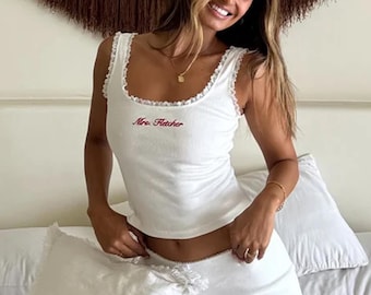 Custom Embroidered Lace Tank Top, Personalized New Mrs Modal Tank, Bridal Shower Gift, Bachelorette Party Outfit