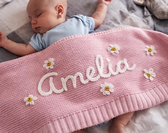 Gepersonaliseerde babydeken - handgeborduurde katoenen gebreide deken, aangepaste babynaamdeken, perfect voor babyborrels en geboorteaankondigingen